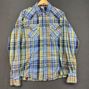 True Religion Western Shirt Mens XXL Blue Yellow Madras Plaid Pearl Snap Rodeo